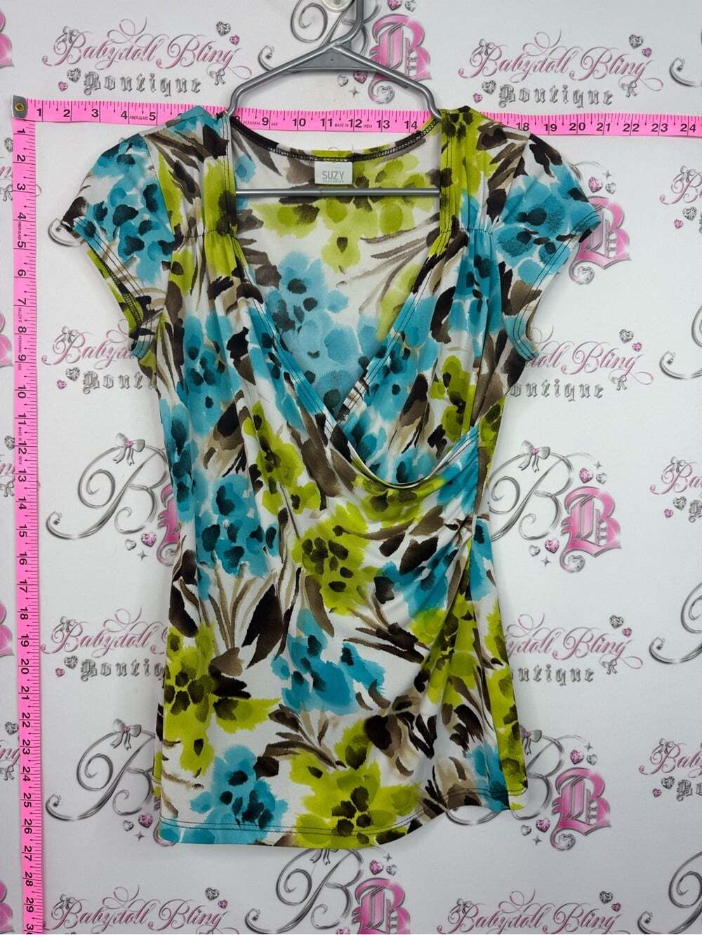 Suzy Shier top y2k Blue & Lime Floral Drape Neck Short Sleeve Top